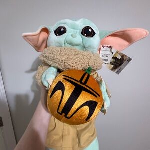 Star Wars Green and Orange Baby Yoda Plush with Pumpkin